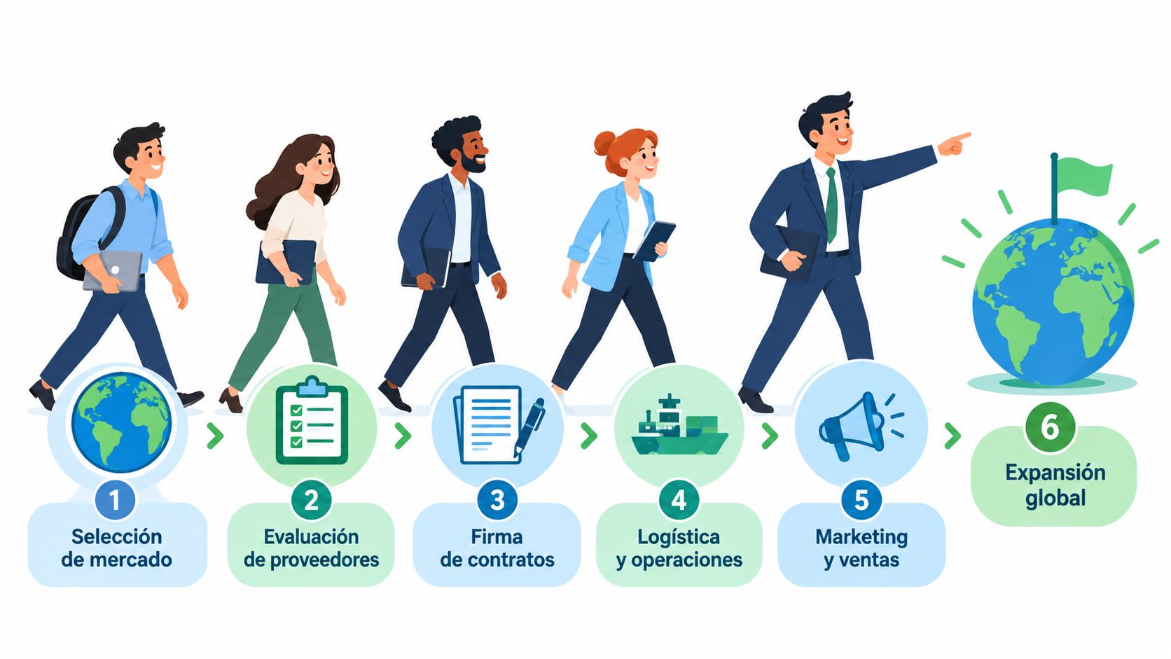 A professional business process infographic showing six steps toward achieving global expansion with corporate team members.