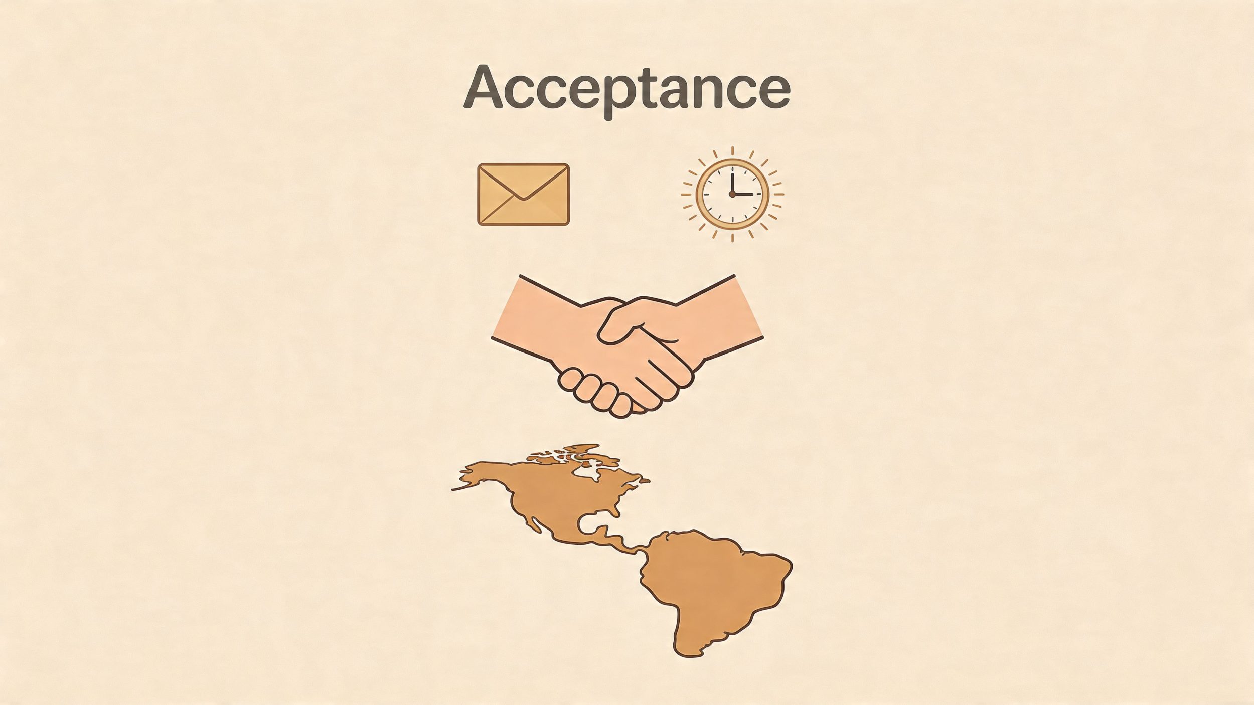 A minimalist illustration featuring a handshake, an envelope, a clock, and a map symbolizing global job acceptance.