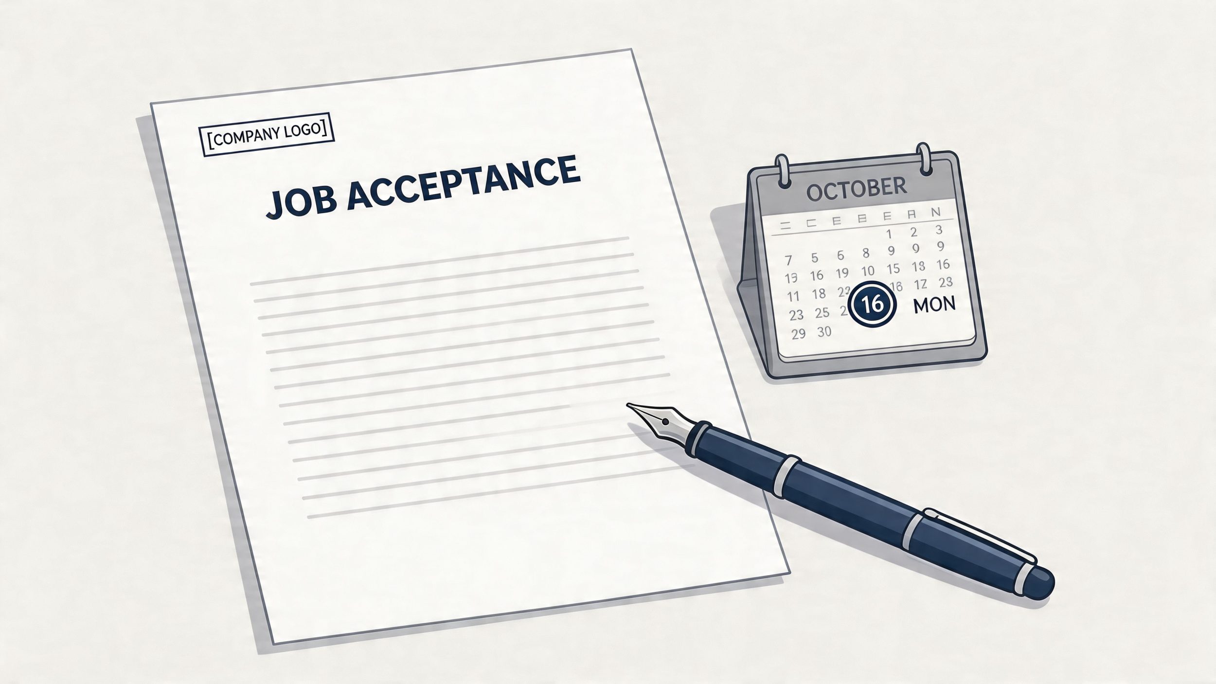 A professional document labeled job acceptance with a pen and a calendar showing October 16th.