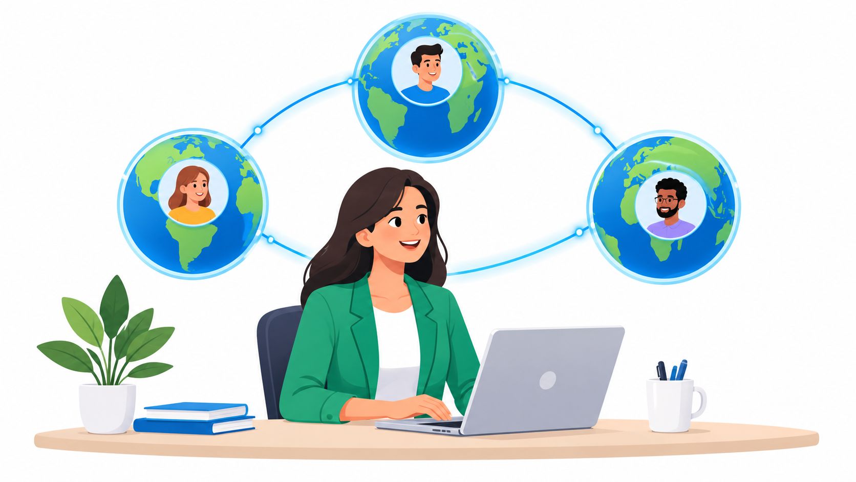 A professional woman working on a laptop connecting with team members across the globe virtually.