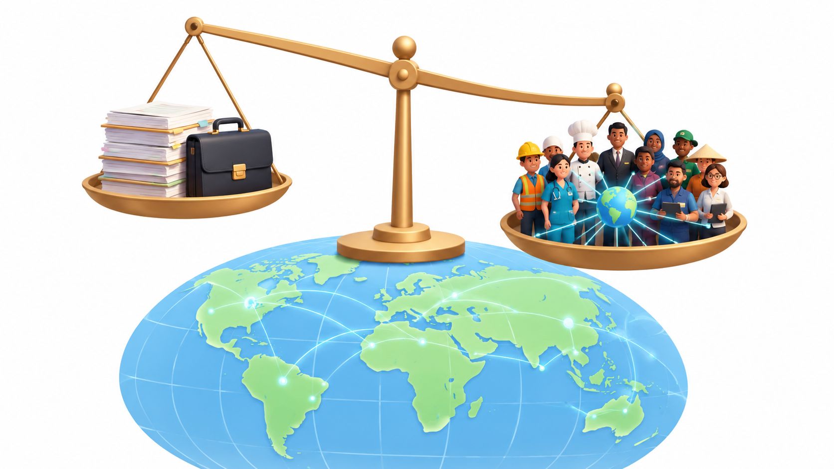 A conceptual illustration of a balance scale representing the equilibrium between global business documents and workforce
