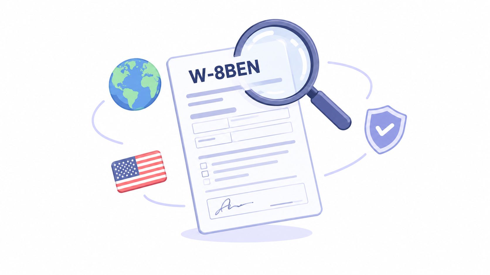 A document labeled W-8BEN form depicted with a magnifying glass, the US flag, and a shield icon.